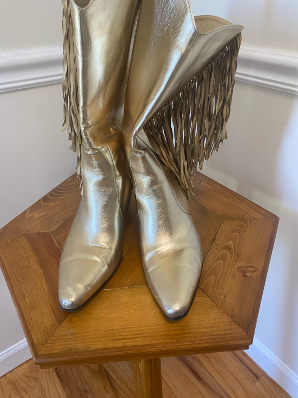 Metallic Gold Fringe Western Knee-High Boots for Women